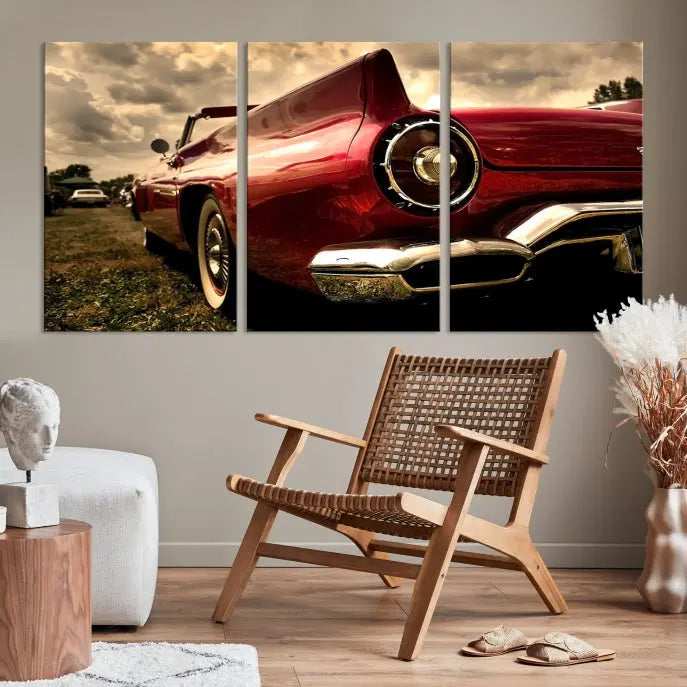 A Red Classic Car Wall Art Canvas Print, crafted on museum-quality canvas with a UV-protective coating, is prominently displayed.