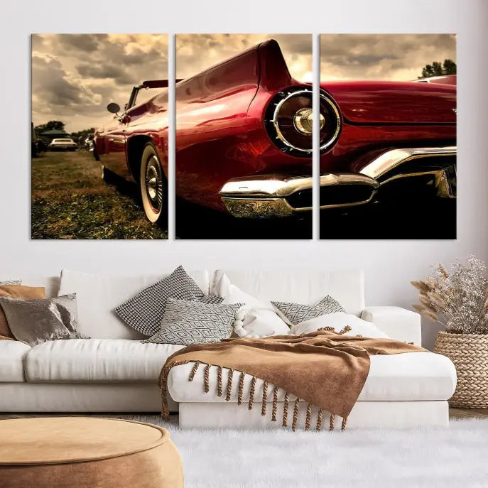 A Red Classic Car Wall Art Canvas Print, crafted on museum-quality canvas with a UV-protective coating, is prominently displayed.