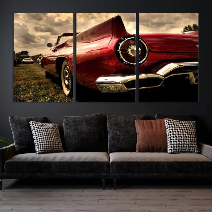 A Red Classic Car Wall Art Canvas Print, crafted on museum-quality canvas with a UV-protective coating, is prominently displayed.