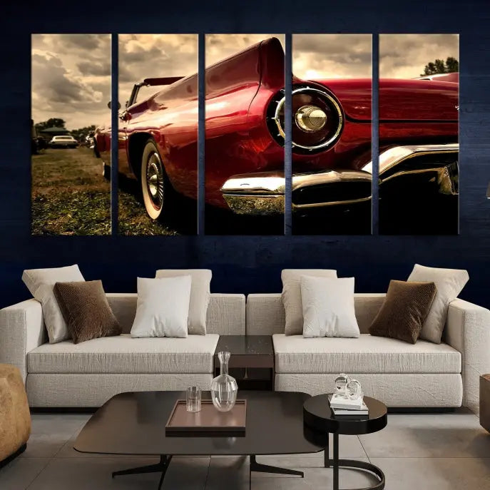 A Red Classic Car Wall Art Canvas Print, crafted on museum-quality canvas with a UV-protective coating, is prominently displayed.