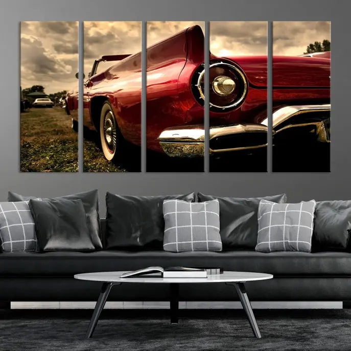 A Red Classic Car Wall Art Canvas Print, crafted on museum-quality canvas with a UV-protective coating, is prominently displayed.