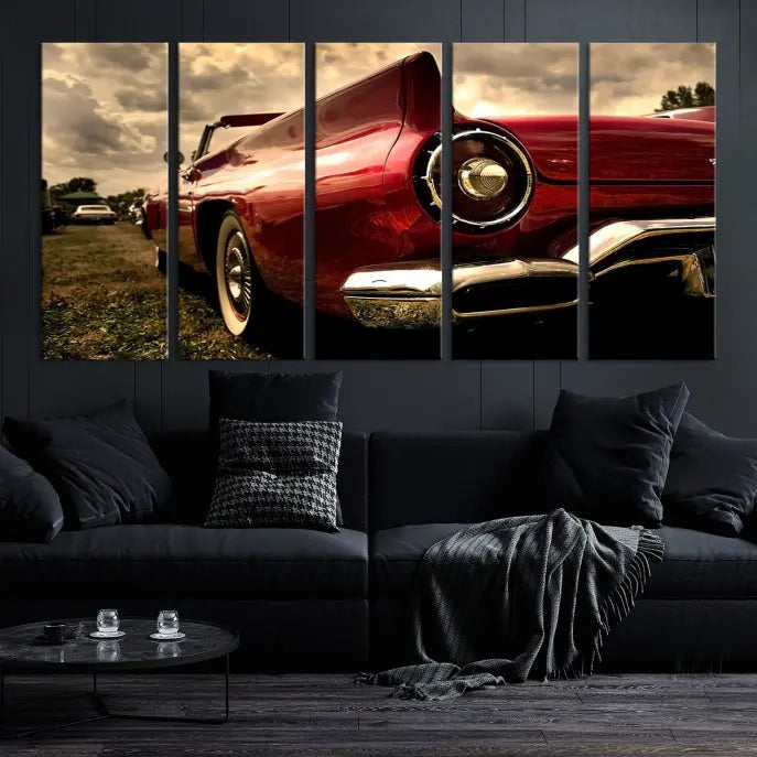 A Red Classic Car Wall Art Canvas Print, crafted on museum-quality canvas with a UV-protective coating, is prominently displayed.