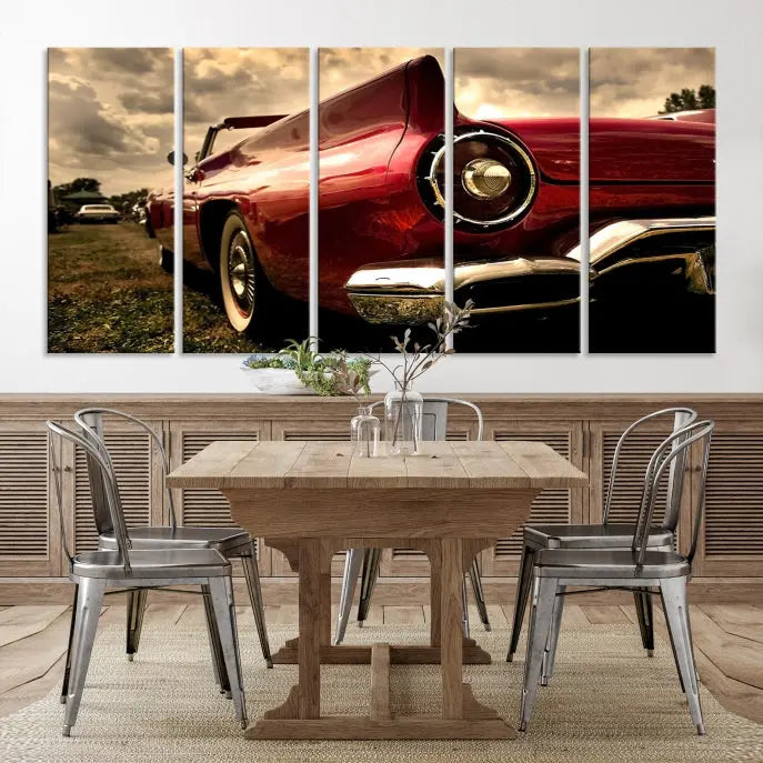 A Red Classic Car Wall Art Canvas Print, crafted on museum-quality canvas with a UV-protective coating, is prominently displayed.