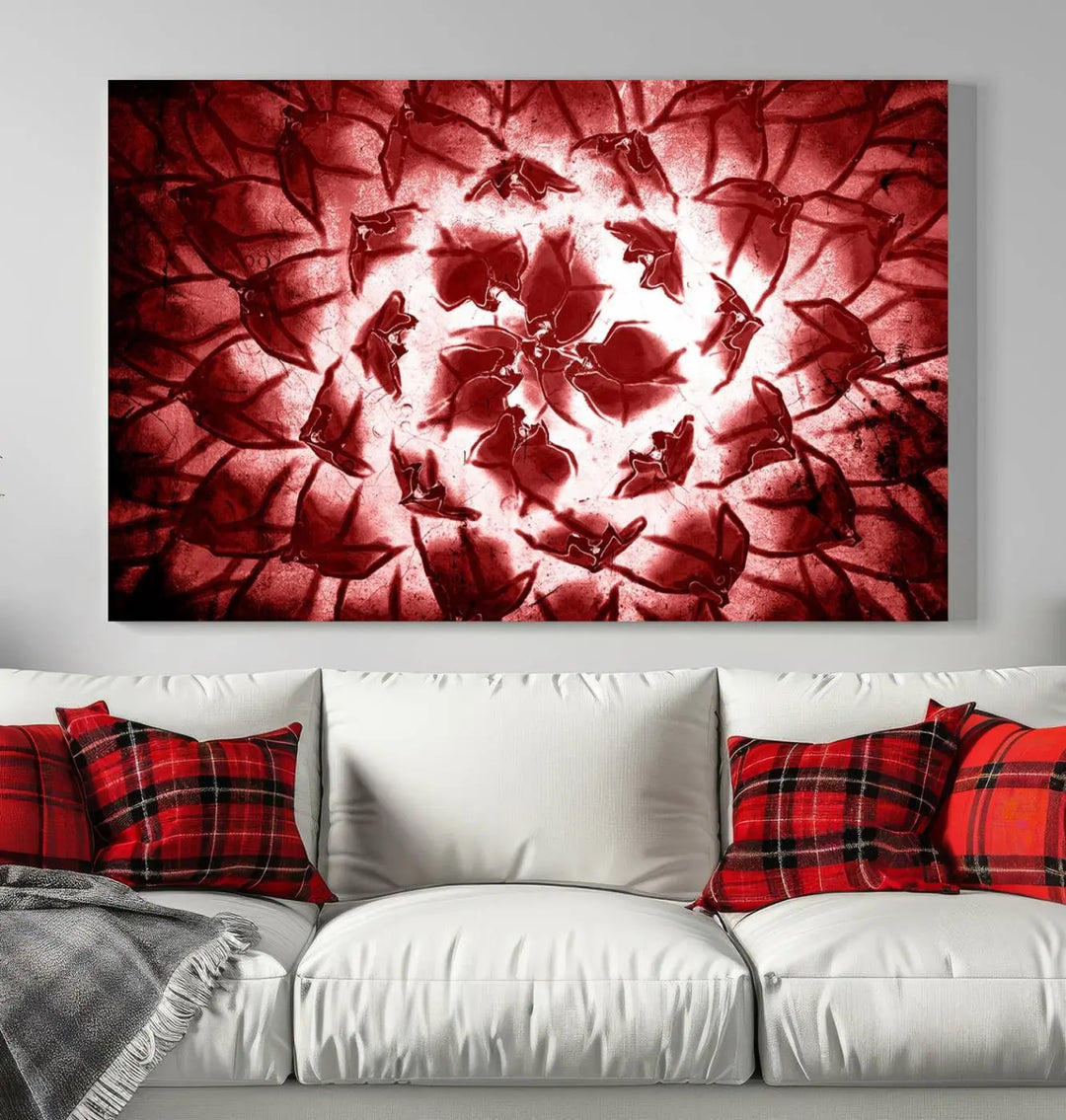 The abstract red floral pattern and marble canvas artwork, titled "Red Floral Pattern Marble Canvas Wall Art Abstract Print Red Abstract Painting," adds a touch of elegance to your living room. This gallery-wrapped piece enhances the style and sophistication of the décor.