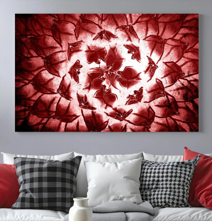 The abstract red floral pattern and marble canvas artwork, titled "Red Floral Pattern Marble Canvas Wall Art Abstract Print Red Abstract Painting," adds a touch of elegance to your living room. This gallery-wrapped piece enhances the style and sophistication of the décor.