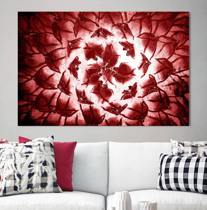 The abstract red floral pattern and marble canvas artwork, titled "Red Floral Pattern Marble Canvas Wall Art Abstract Print Red Abstract Painting," adds a touch of elegance to your living room. This gallery-wrapped piece enhances the style and sophistication of the décor.