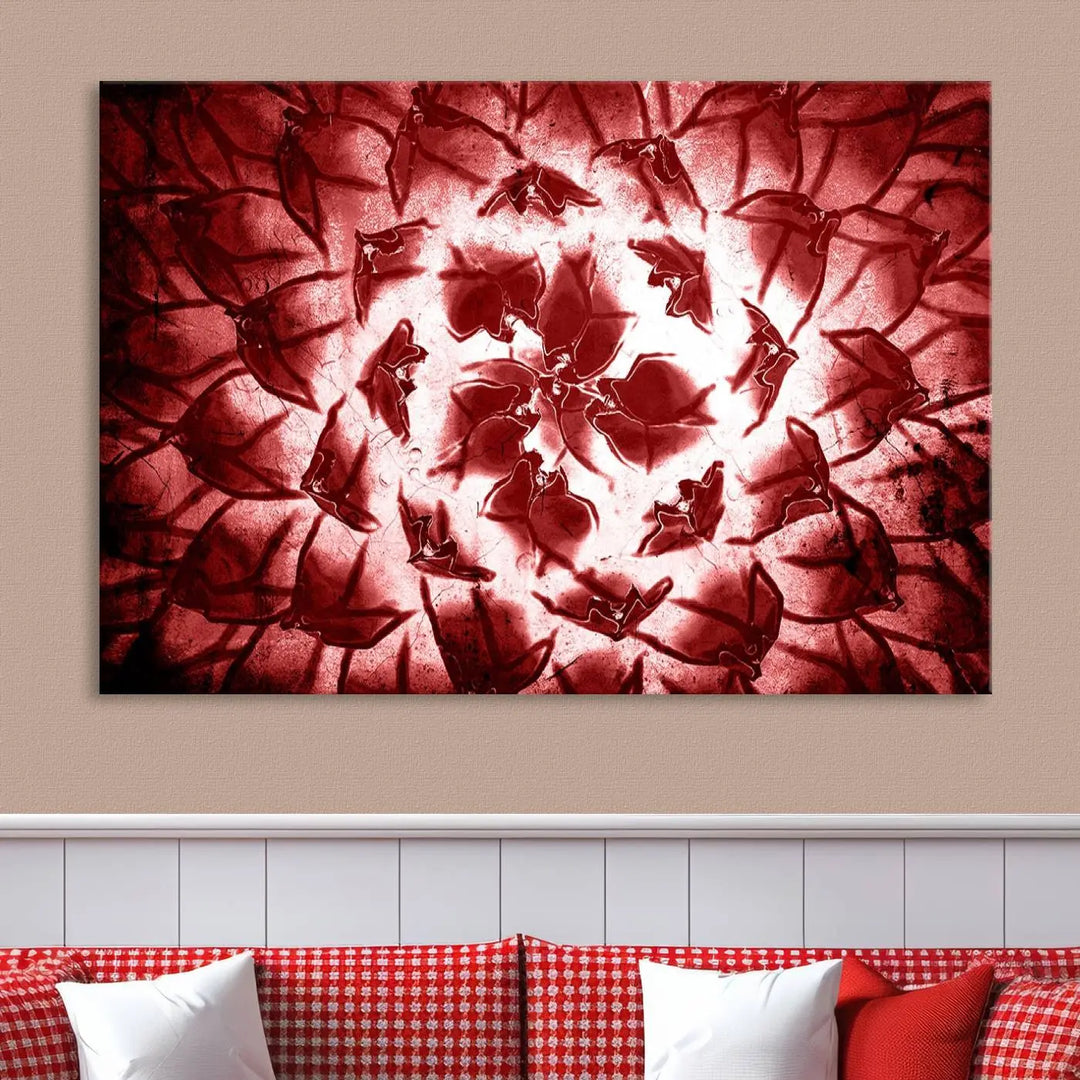 The abstract red floral pattern and marble canvas artwork, titled "Red Floral Pattern Marble Canvas Wall Art Abstract Print Red Abstract Painting," adds a touch of elegance to your living room. This gallery-wrapped piece enhances the style and sophistication of the décor.