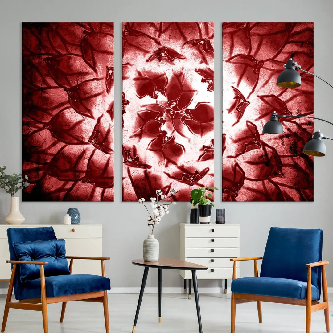 The abstract red floral pattern and marble canvas artwork, titled "Red Floral Pattern Marble Canvas Wall Art Abstract Print Red Abstract Painting," adds a touch of elegance to your living room. This gallery-wrapped piece enhances the style and sophistication of the décor.