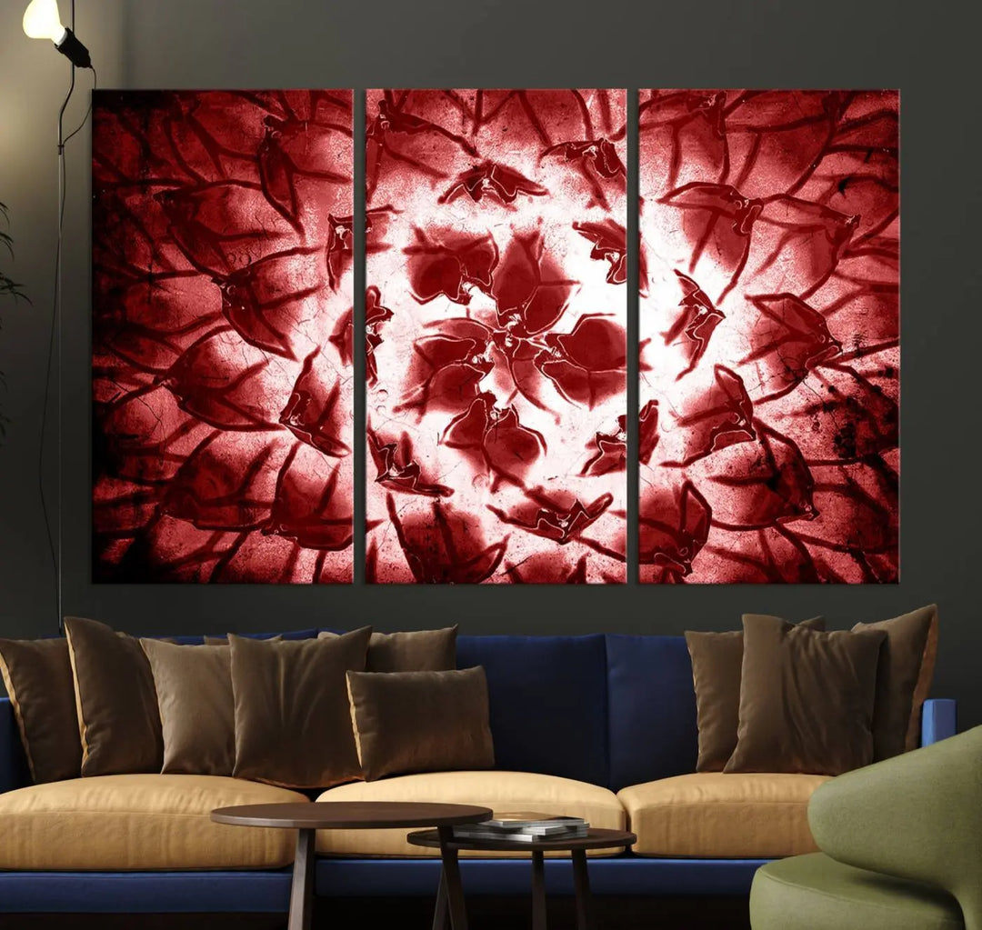 The abstract red floral pattern and marble canvas artwork, titled "Red Floral Pattern Marble Canvas Wall Art Abstract Print Red Abstract Painting," adds a touch of elegance to your living room. This gallery-wrapped piece enhances the style and sophistication of the décor.