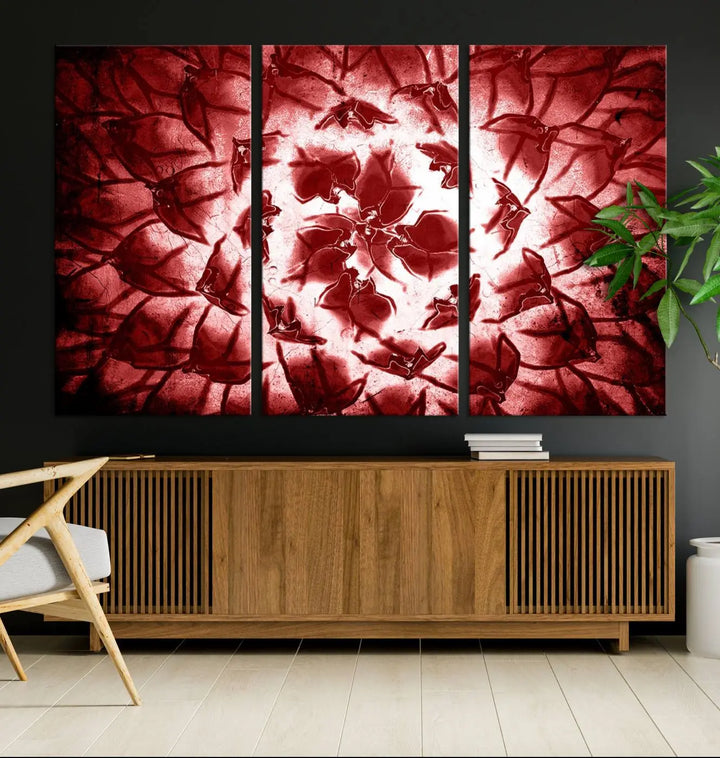 The abstract red floral pattern and marble canvas artwork, titled "Red Floral Pattern Marble Canvas Wall Art Abstract Print Red Abstract Painting," adds a touch of elegance to your living room. This gallery-wrapped piece enhances the style and sophistication of the décor.