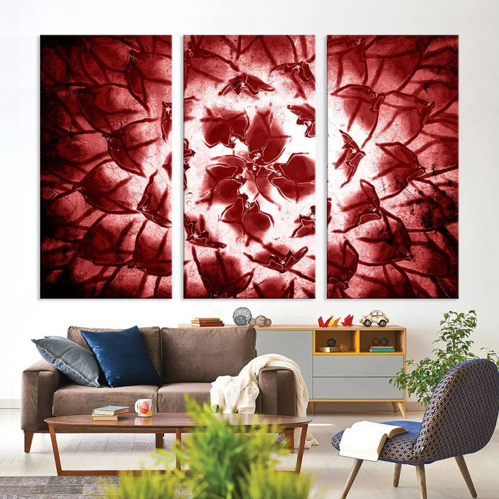 The abstract red floral pattern and marble canvas artwork, titled "Red Floral Pattern Marble Canvas Wall Art Abstract Print Red Abstract Painting," adds a touch of elegance to your living room. This gallery-wrapped piece enhances the style and sophistication of the décor.