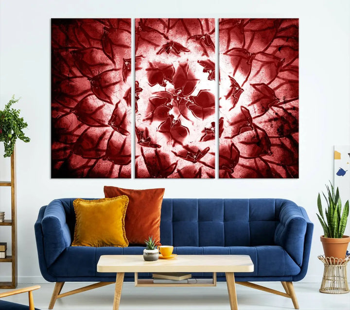 The abstract red floral pattern and marble canvas artwork, titled "Red Floral Pattern Marble Canvas Wall Art Abstract Print Red Abstract Painting," adds a touch of elegance to your living room. This gallery-wrapped piece enhances the style and sophistication of the décor.