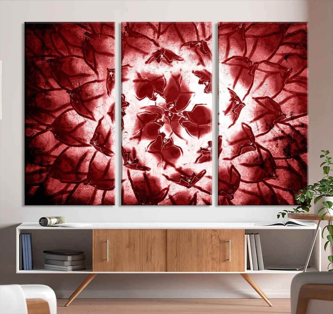 The abstract red floral pattern and marble canvas artwork, titled "Red Floral Pattern Marble Canvas Wall Art Abstract Print Red Abstract Painting," adds a touch of elegance to your living room. This gallery-wrapped piece enhances the style and sophistication of the décor.