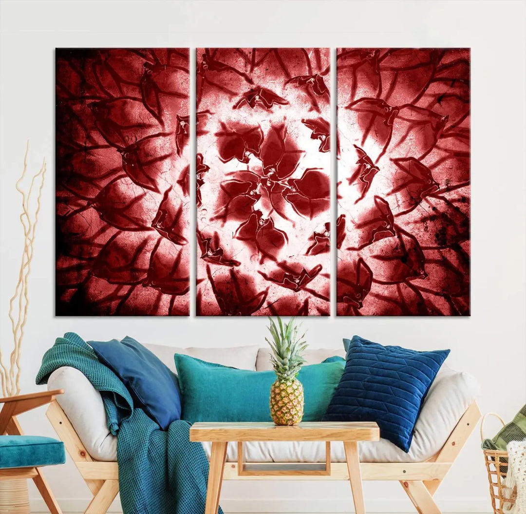 The abstract red floral pattern and marble canvas artwork, titled "Red Floral Pattern Marble Canvas Wall Art Abstract Print Red Abstract Painting," adds a touch of elegance to your living room. This gallery-wrapped piece enhances the style and sophistication of the décor.