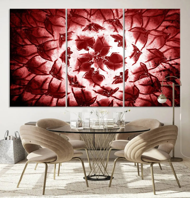 The abstract red floral pattern and marble canvas artwork, titled "Red Floral Pattern Marble Canvas Wall Art Abstract Print Red Abstract Painting," adds a touch of elegance to your living room. This gallery-wrapped piece enhances the style and sophistication of the décor.