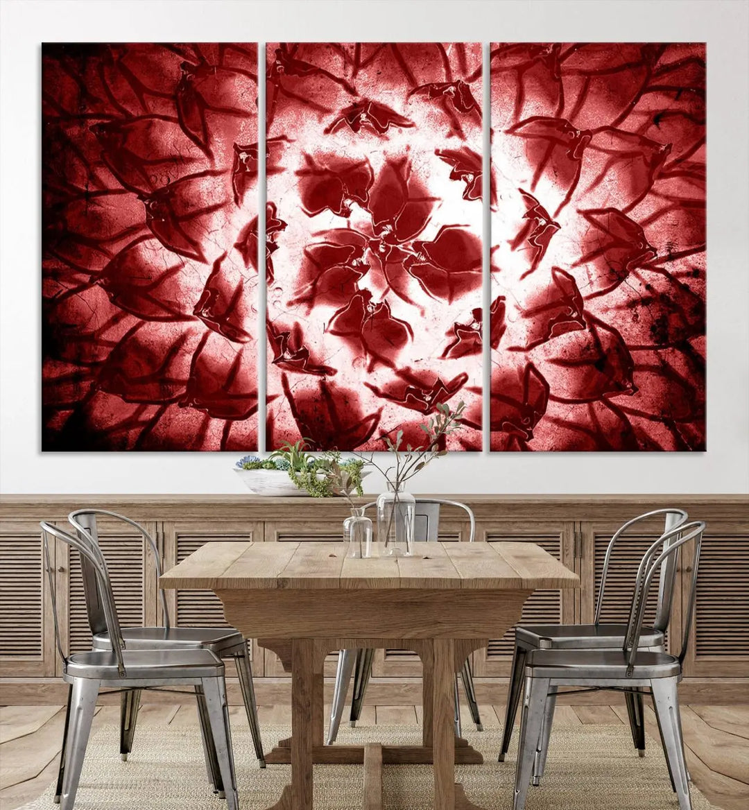 The abstract red floral pattern and marble canvas artwork, titled "Red Floral Pattern Marble Canvas Wall Art Abstract Print Red Abstract Painting," adds a touch of elegance to your living room. This gallery-wrapped piece enhances the style and sophistication of the décor.