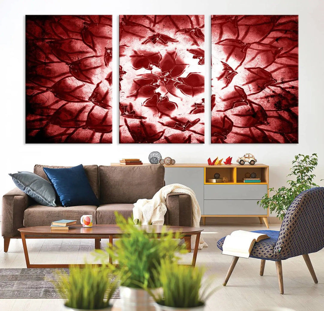 The abstract red floral pattern and marble canvas artwork, titled "Red Floral Pattern Marble Canvas Wall Art Abstract Print Red Abstract Painting," adds a touch of elegance to your living room. This gallery-wrapped piece enhances the style and sophistication of the décor.