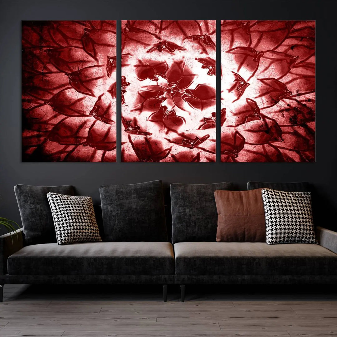 The abstract red floral pattern and marble canvas artwork, titled "Red Floral Pattern Marble Canvas Wall Art Abstract Print Red Abstract Painting," adds a touch of elegance to your living room. This gallery-wrapped piece enhances the style and sophistication of the décor.