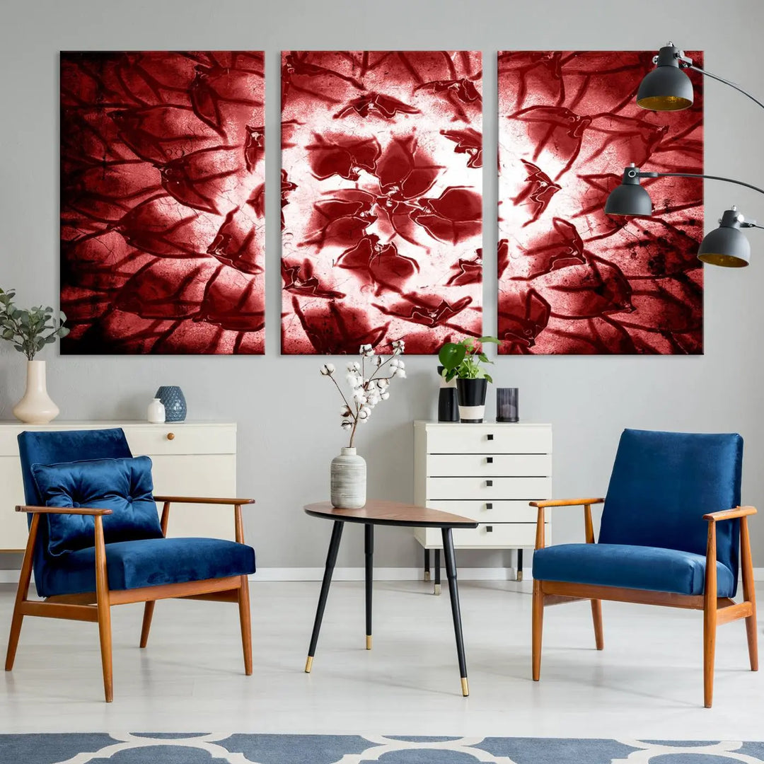 The abstract red floral pattern and marble canvas artwork, titled "Red Floral Pattern Marble Canvas Wall Art Abstract Print Red Abstract Painting," adds a touch of elegance to your living room. This gallery-wrapped piece enhances the style and sophistication of the décor.