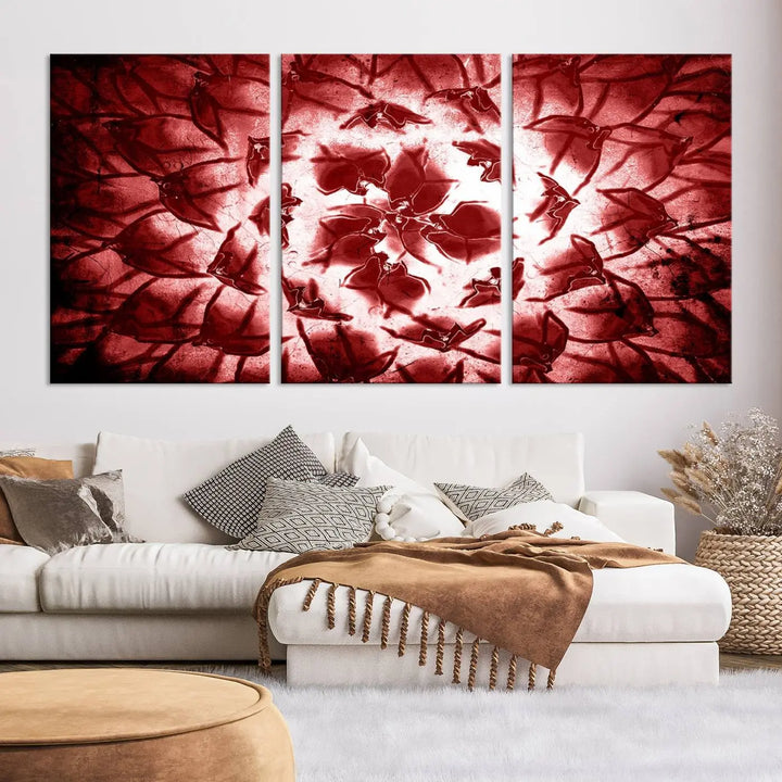 The abstract red floral pattern and marble canvas artwork, titled "Red Floral Pattern Marble Canvas Wall Art Abstract Print Red Abstract Painting," adds a touch of elegance to your living room. This gallery-wrapped piece enhances the style and sophistication of the décor.