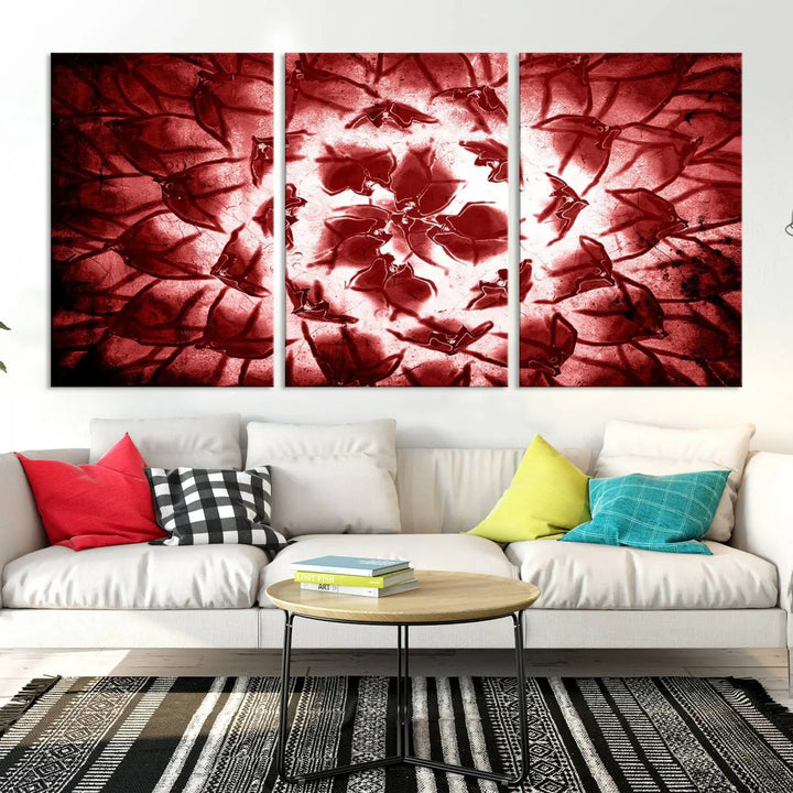 The abstract red floral pattern and marble canvas artwork, titled "Red Floral Pattern Marble Canvas Wall Art Abstract Print Red Abstract Painting," adds a touch of elegance to your living room. This gallery-wrapped piece enhances the style and sophistication of the décor.