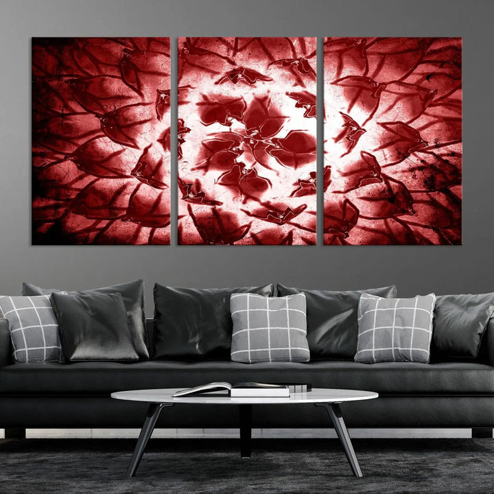 The abstract red floral pattern and marble canvas artwork, titled "Red Floral Pattern Marble Canvas Wall Art Abstract Print Red Abstract Painting," adds a touch of elegance to your living room. This gallery-wrapped piece enhances the style and sophistication of the décor.