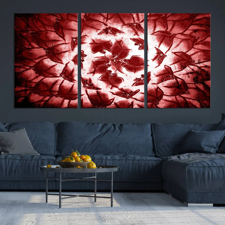 The abstract red floral pattern and marble canvas artwork, titled "Red Floral Pattern Marble Canvas Wall Art Abstract Print Red Abstract Painting," adds a touch of elegance to your living room. This gallery-wrapped piece enhances the style and sophistication of the décor.