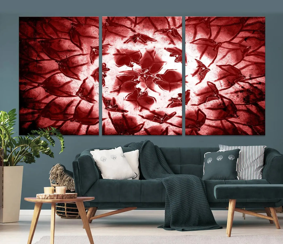 The abstract red floral pattern and marble canvas artwork, titled "Red Floral Pattern Marble Canvas Wall Art Abstract Print Red Abstract Painting," adds a touch of elegance to your living room. This gallery-wrapped piece enhances the style and sophistication of the décor.