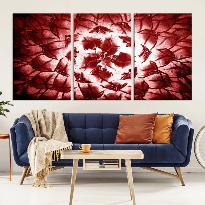 The abstract red floral pattern and marble canvas artwork, titled "Red Floral Pattern Marble Canvas Wall Art Abstract Print Red Abstract Painting," adds a touch of elegance to your living room. This gallery-wrapped piece enhances the style and sophistication of the décor.