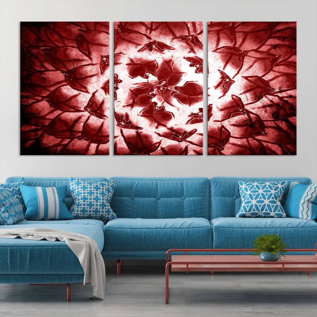 The abstract red floral pattern and marble canvas artwork, titled "Red Floral Pattern Marble Canvas Wall Art Abstract Print Red Abstract Painting," adds a touch of elegance to your living room. This gallery-wrapped piece enhances the style and sophistication of the décor.