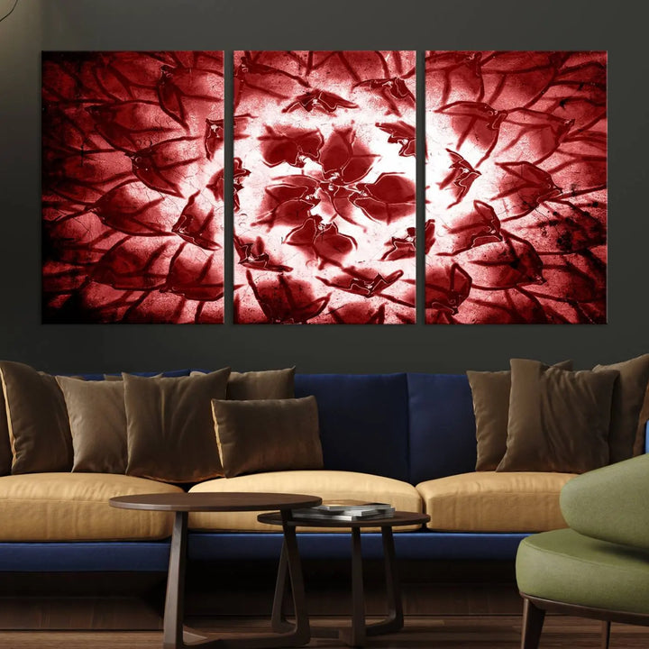 The abstract red floral pattern and marble canvas artwork, titled "Red Floral Pattern Marble Canvas Wall Art Abstract Print Red Abstract Painting," adds a touch of elegance to your living room. This gallery-wrapped piece enhances the style and sophistication of the décor.