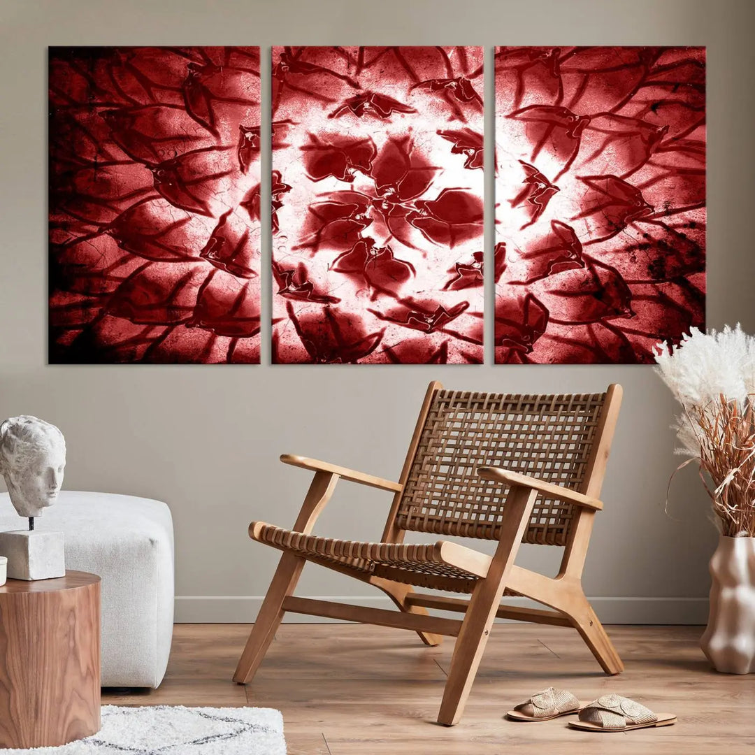 The abstract red floral pattern and marble canvas artwork, titled "Red Floral Pattern Marble Canvas Wall Art Abstract Print Red Abstract Painting," adds a touch of elegance to your living room. This gallery-wrapped piece enhances the style and sophistication of the décor.