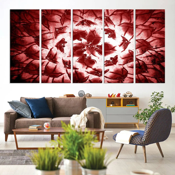 The abstract red floral pattern and marble canvas artwork, titled "Red Floral Pattern Marble Canvas Wall Art Abstract Print Red Abstract Painting," adds a touch of elegance to your living room. This gallery-wrapped piece enhances the style and sophistication of the décor.