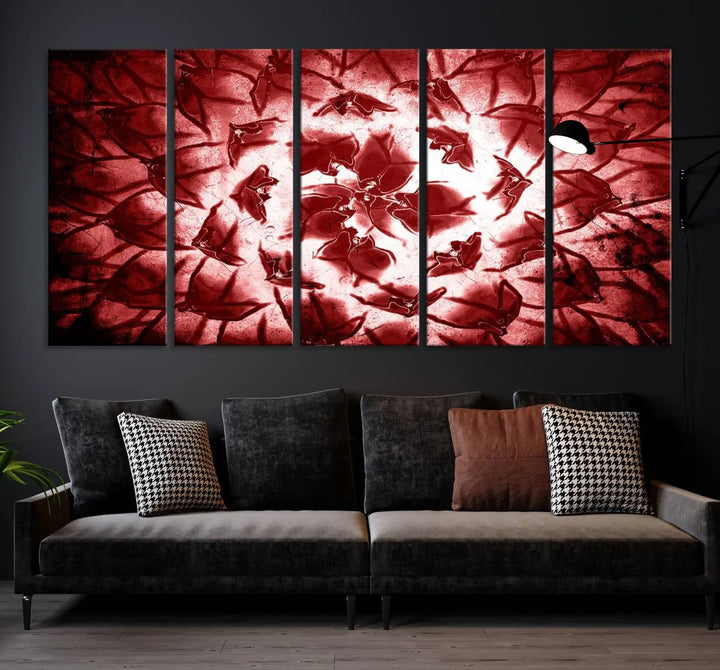 The abstract red floral pattern and marble canvas artwork, titled "Red Floral Pattern Marble Canvas Wall Art Abstract Print Red Abstract Painting," adds a touch of elegance to your living room. This gallery-wrapped piece enhances the style and sophistication of the décor.