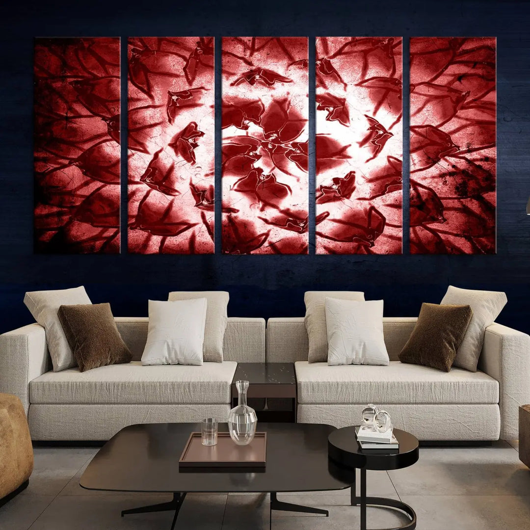 The abstract red floral pattern and marble canvas artwork, titled "Red Floral Pattern Marble Canvas Wall Art Abstract Print Red Abstract Painting," adds a touch of elegance to your living room. This gallery-wrapped piece enhances the style and sophistication of the décor.