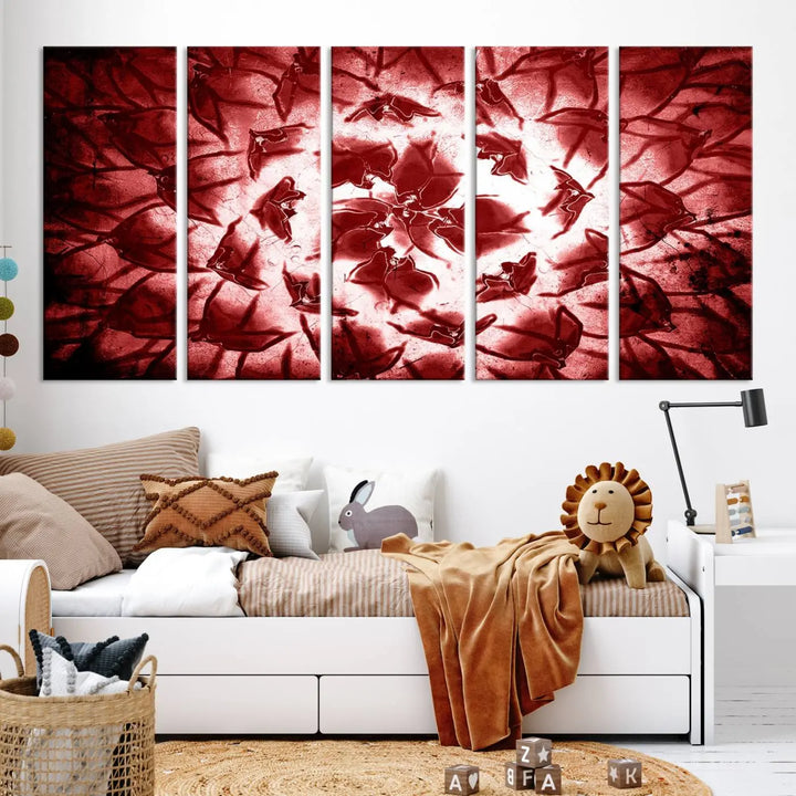 The abstract red floral pattern and marble canvas artwork, titled "Red Floral Pattern Marble Canvas Wall Art Abstract Print Red Abstract Painting," adds a touch of elegance to your living room. This gallery-wrapped piece enhances the style and sophistication of the décor.