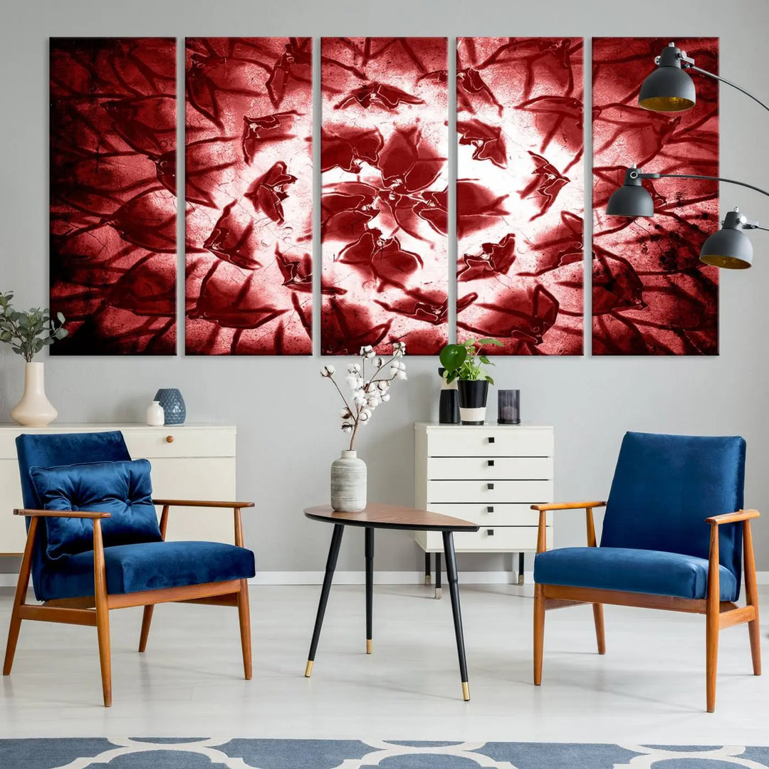 The abstract red floral pattern and marble canvas artwork, titled "Red Floral Pattern Marble Canvas Wall Art Abstract Print Red Abstract Painting," adds a touch of elegance to your living room. This gallery-wrapped piece enhances the style and sophistication of the décor.