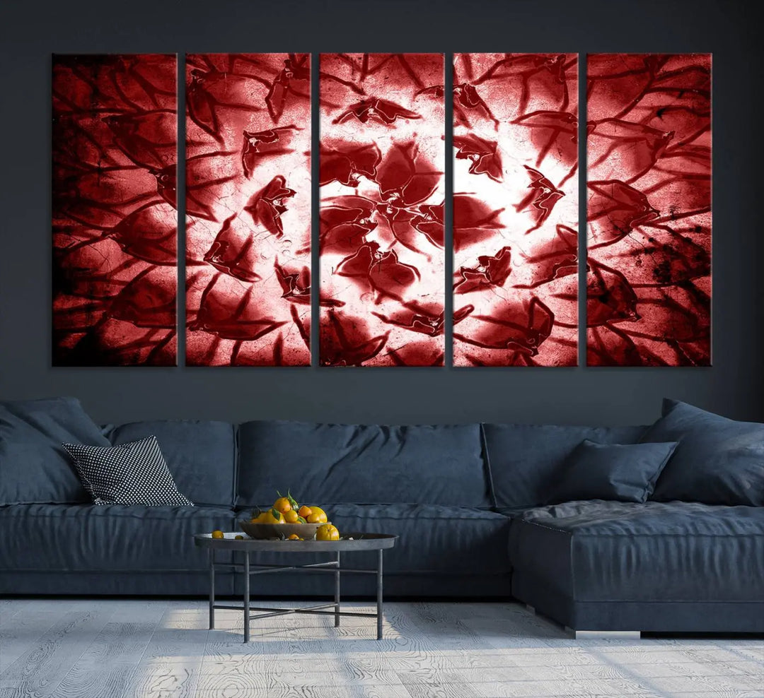 The abstract red floral pattern and marble canvas artwork, titled "Red Floral Pattern Marble Canvas Wall Art Abstract Print Red Abstract Painting," adds a touch of elegance to your living room. This gallery-wrapped piece enhances the style and sophistication of the décor.