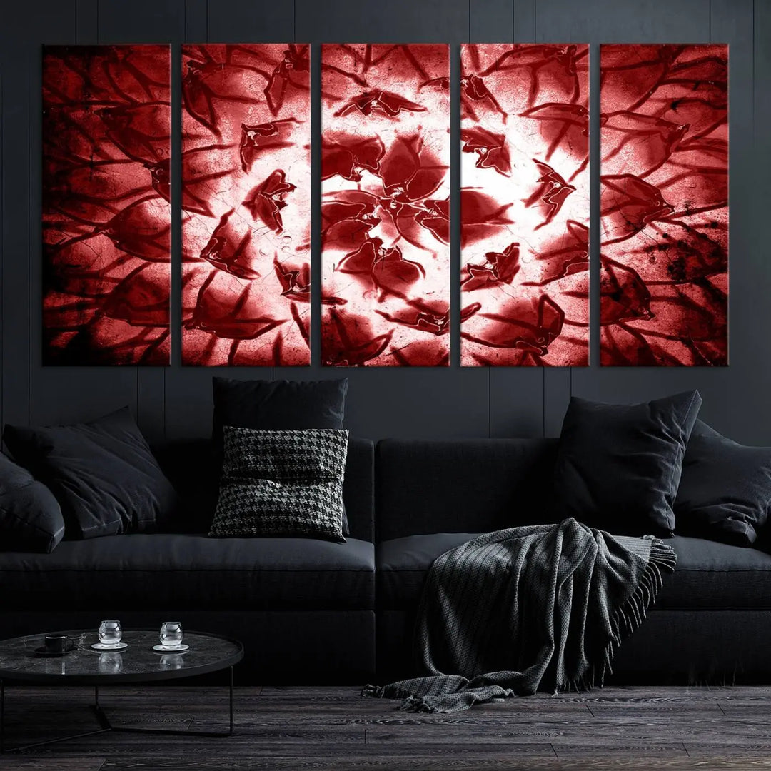 The abstract red floral pattern and marble canvas artwork, titled "Red Floral Pattern Marble Canvas Wall Art Abstract Print Red Abstract Painting," adds a touch of elegance to your living room. This gallery-wrapped piece enhances the style and sophistication of the décor.