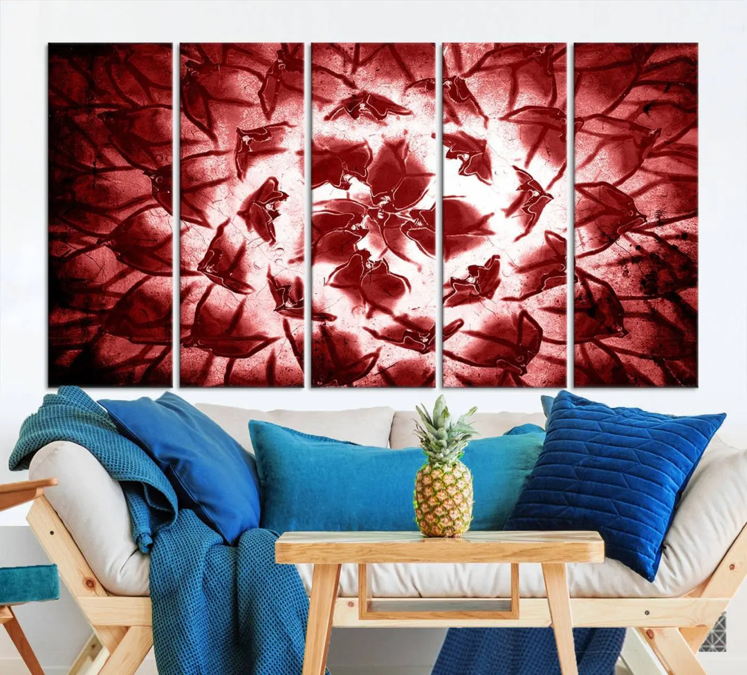 The abstract red floral pattern and marble canvas artwork, titled "Red Floral Pattern Marble Canvas Wall Art Abstract Print Red Abstract Painting," adds a touch of elegance to your living room. This gallery-wrapped piece enhances the style and sophistication of the décor.