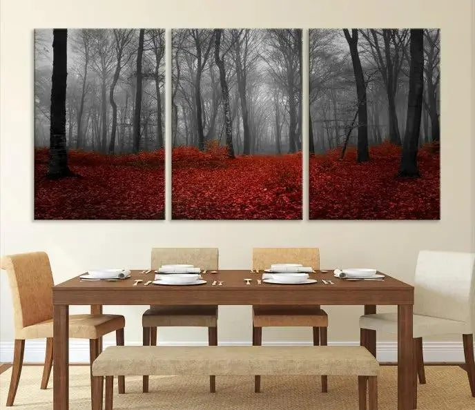 Red Forest Floor Canvas Wall Art – Mystical Foggy Woodland Triptych – Nature-Inspired Decor for Living Room or Bedroom – Ready to Hang
