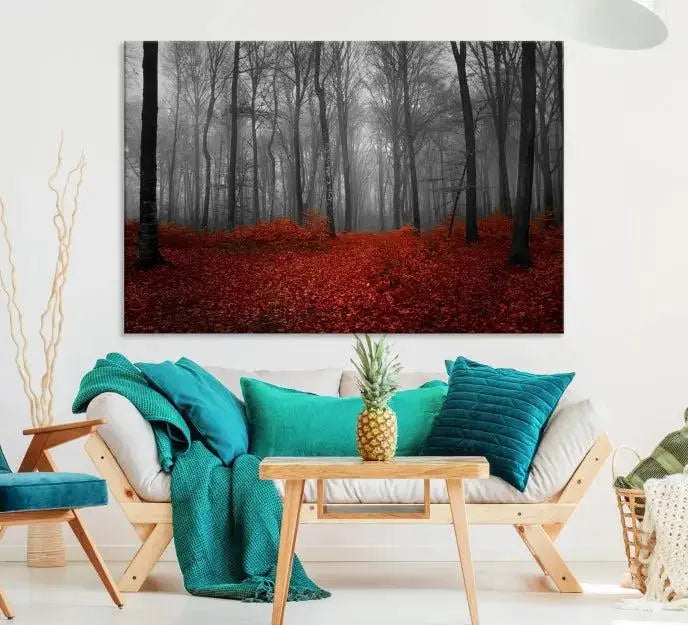 Red Forest Floor Canvas Wall Art – Mystical Foggy Woodland Triptych – Nature-Inspired Decor for Living Room or Bedroom – Ready to Hang