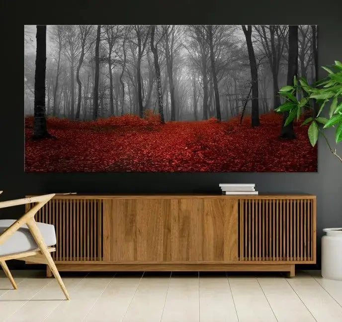 Red Forest Floor Canvas Wall Art – Mystical Foggy Woodland Triptych – Nature-Inspired Decor for Living Room or Bedroom – Ready to Hang