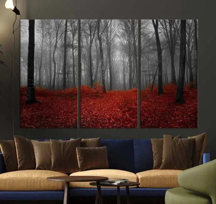Red Forest Floor Canvas Wall Art – Mystical Foggy Woodland Triptych – Nature-Inspired Decor for Living Room or Bedroom – Ready to Hang