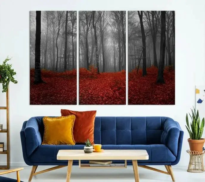 Red Forest Floor Canvas Wall Art – Mystical Foggy Woodland Triptych – Nature-Inspired Decor for Living Room or Bedroom – Ready to Hang