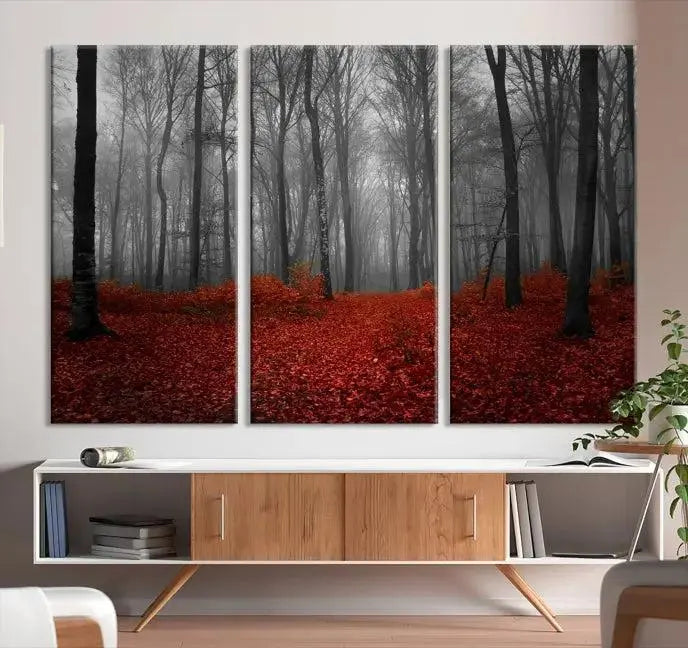 Red Forest Floor Canvas Wall Art – Mystical Foggy Woodland Triptych – Nature-Inspired Decor for Living Room or Bedroom – Ready to Hang