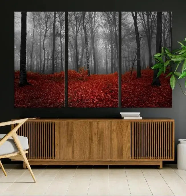 Red Forest Floor Canvas Wall Art – Mystical Foggy Woodland Triptych – Nature-Inspired Decor for Living Room or Bedroom – Ready to Hang