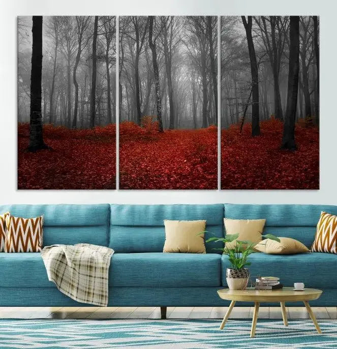 Red Forest Floor Canvas Wall Art – Mystical Foggy Woodland Triptych – Nature-Inspired Decor for Living Room or Bedroom – Ready to Hang
