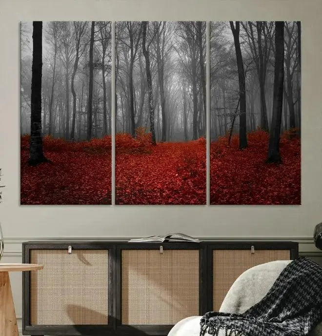 Red Forest Floor Canvas Wall Art – Mystical Foggy Woodland Triptych – Nature-Inspired Decor for Living Room or Bedroom – Ready to Hang