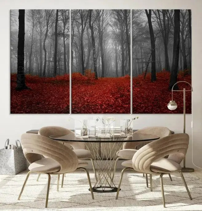Red Forest Floor Canvas Wall Art – Mystical Foggy Woodland Triptych – Nature-Inspired Decor for Living Room or Bedroom – Ready to Hang